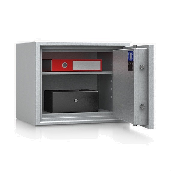 geöffneter feuerfester Tresor mit schwarzer Geldkassette und roten Aktenordner