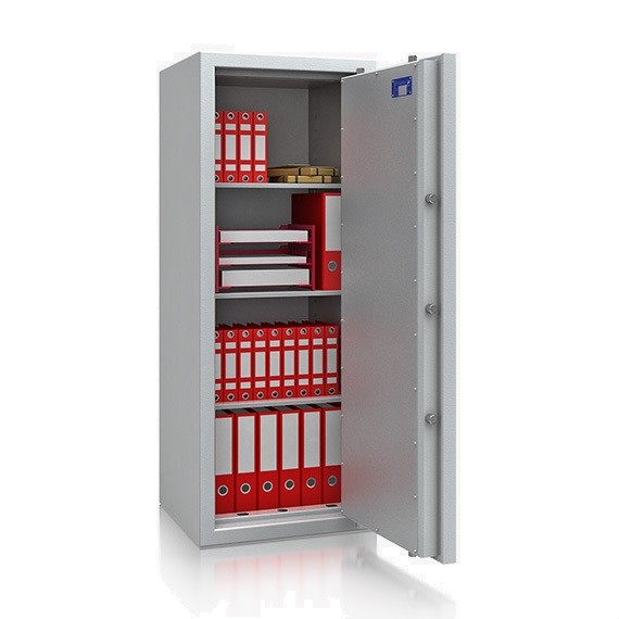 offener grauer Tresor mit 3 reihen roter Aktenordner