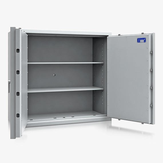 geöffneter Dokumententresor mit ausgefahrenen Bolen und 2 leeren Einlegeböden