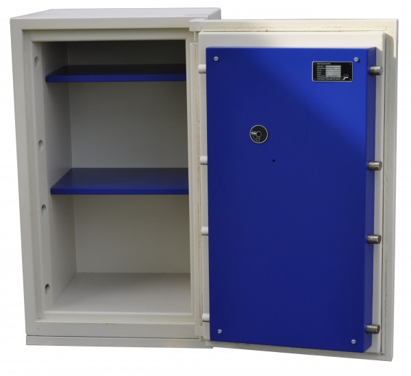 offener Gebrauchttresor mit blauen Türverkleidungsblech und blauen Fachböden