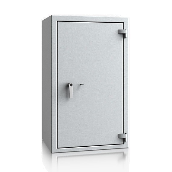 feuerfester Tresor in grau mit außenliegenden Scharnieren und Schlüsselschloss