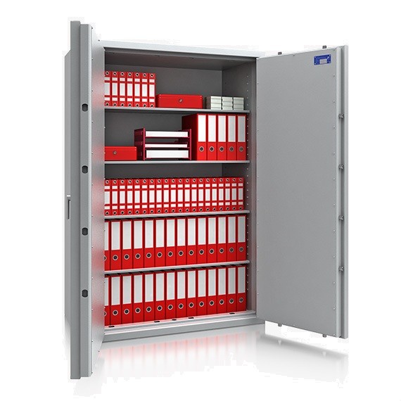 doppelflügliger Tresor mit roten Aktenordnern auf 4 Reihen befüllt