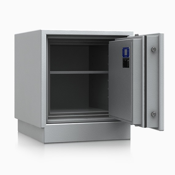 hellgrauer Datensafe mit ausgefahrenen Bolzen und einem Fachboden