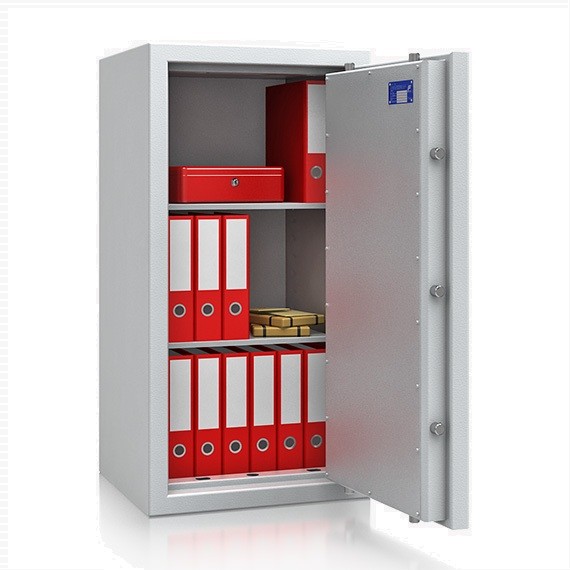 geöffneter Wertschutzschrank mit einer roten Geldkassette