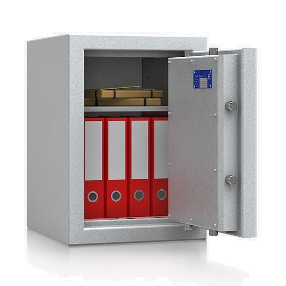 geöffneter Tresor mit roten Ordnern als Inhalt