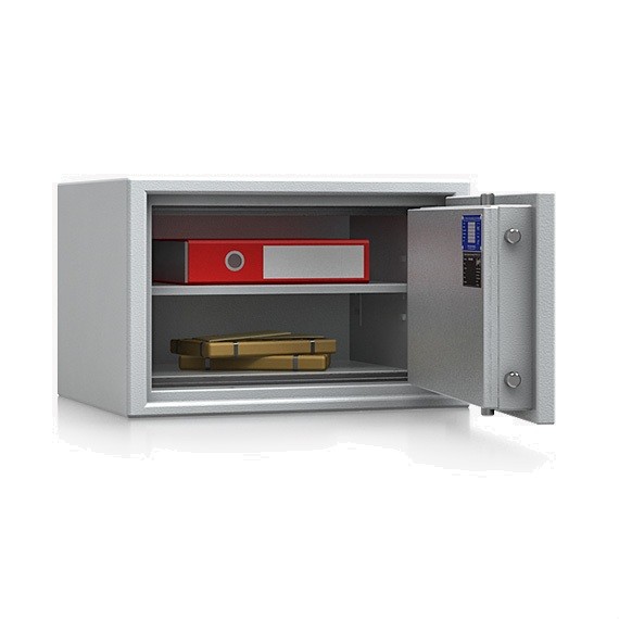 geöffneter feuerfester Tresor mit ausgefahrenen Bolzen und einem Aktenordner