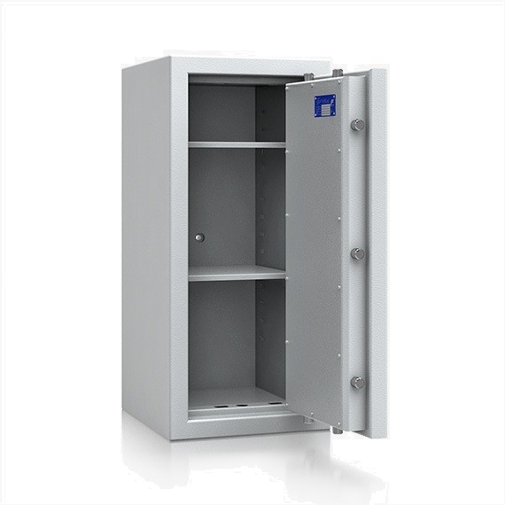 geöffneter hellgrauer Tresor mit ausgefahrenen Bolzen und 2 Fachböden