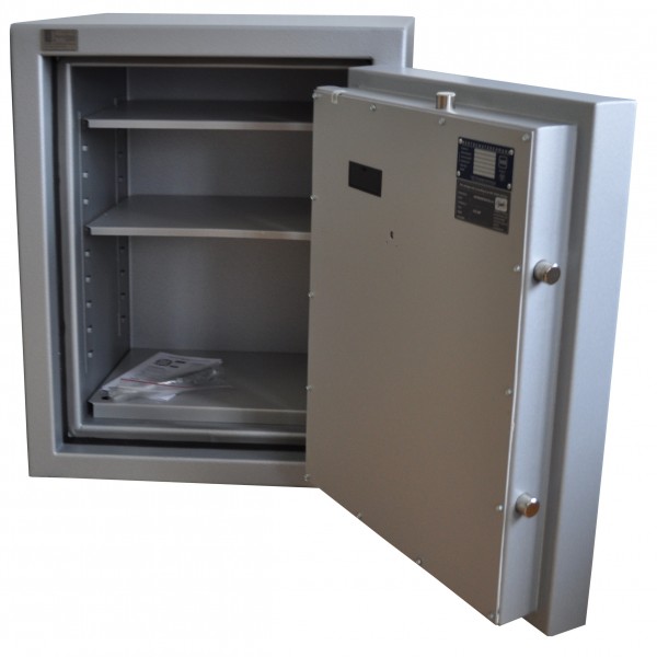 offener gebrauchter Tresor mit 2 Fachböden und ausgefahrenen Bolzen in dunkel grau