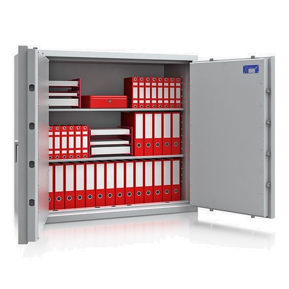 offener zweiflügliger Tresor mit Ordnern befüllt