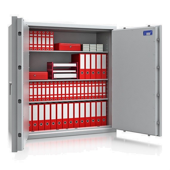 geöffneter 2 flügliger Tresor mit roten Ordnern gefüllt