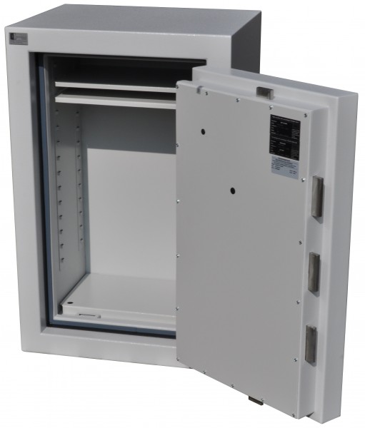 geöffneter, hellgrauer gebrauchter Tresor mit ausgefahrenen Stahlriegeln