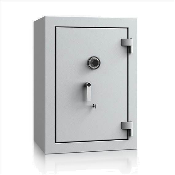 grauer Wertschutzschrank mit Schlüsselschloss und Mechanikschloss
