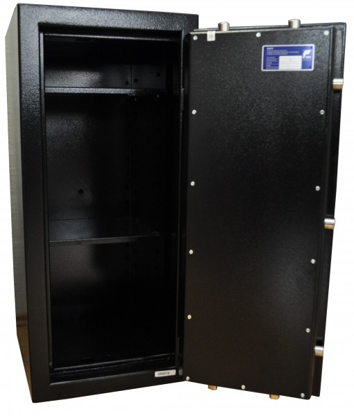 offener schwarzer Tresor mit ECBS Plakette und ausfgefahrenen Bolzen